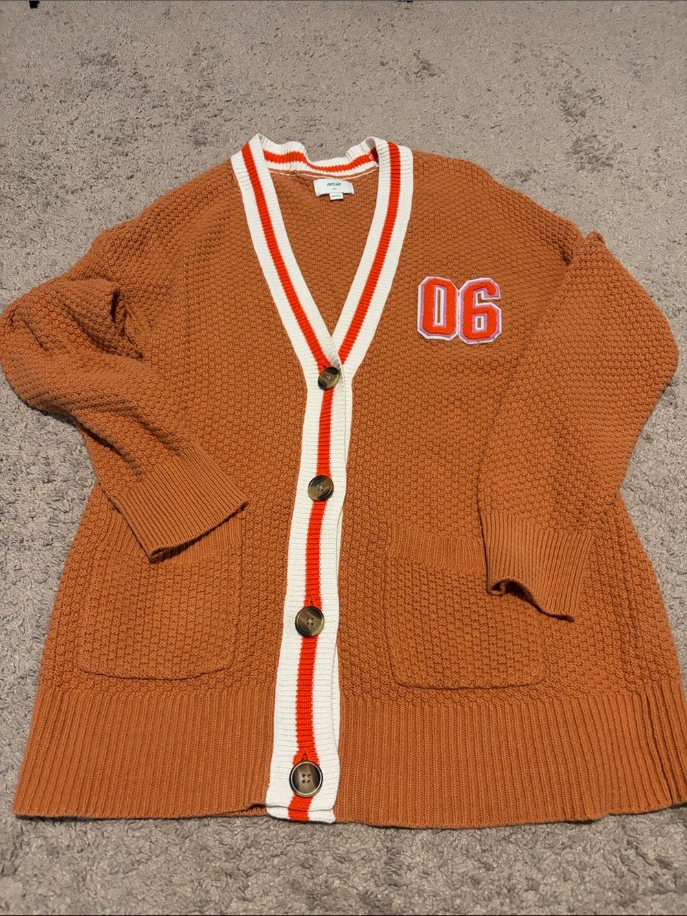 aerie Burnt Orange V-Neck Button Cardigan with Cream & Orange Trim